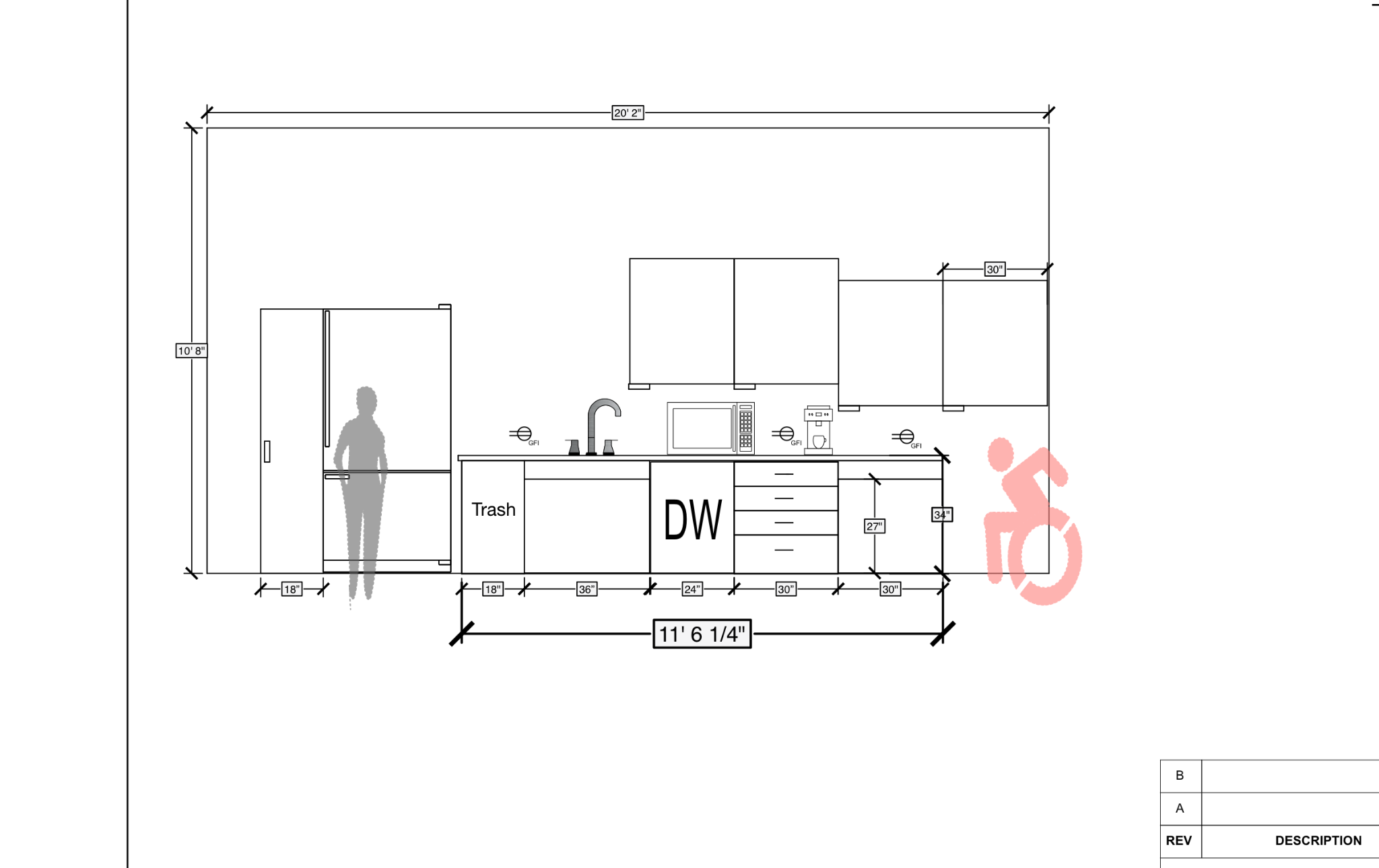 Preliminary kitchen elevation showing dimensions, equipment locations and accessible counter planning