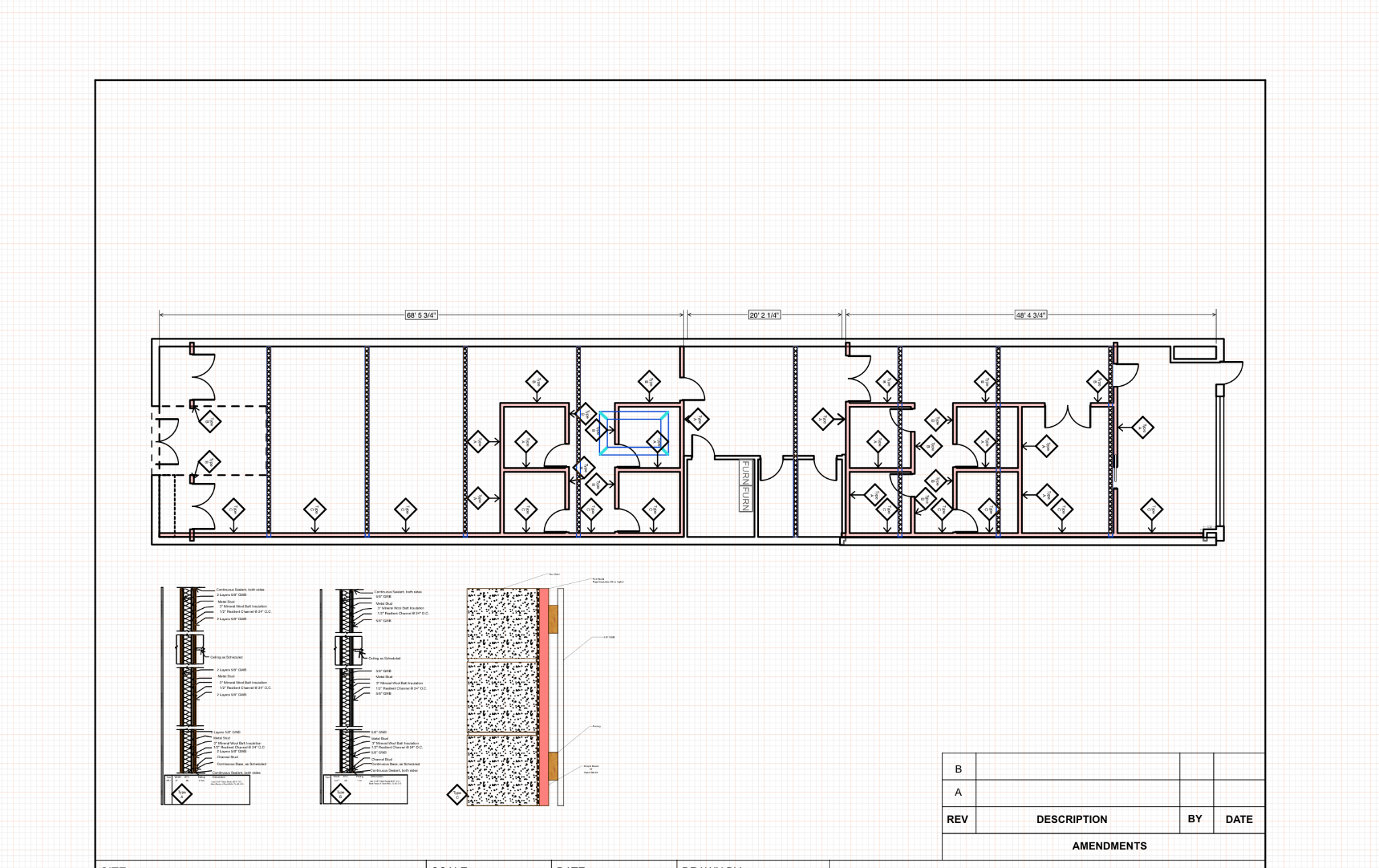 Preliminary overall floor plan with dimensions, room relationships and wall assembly studies